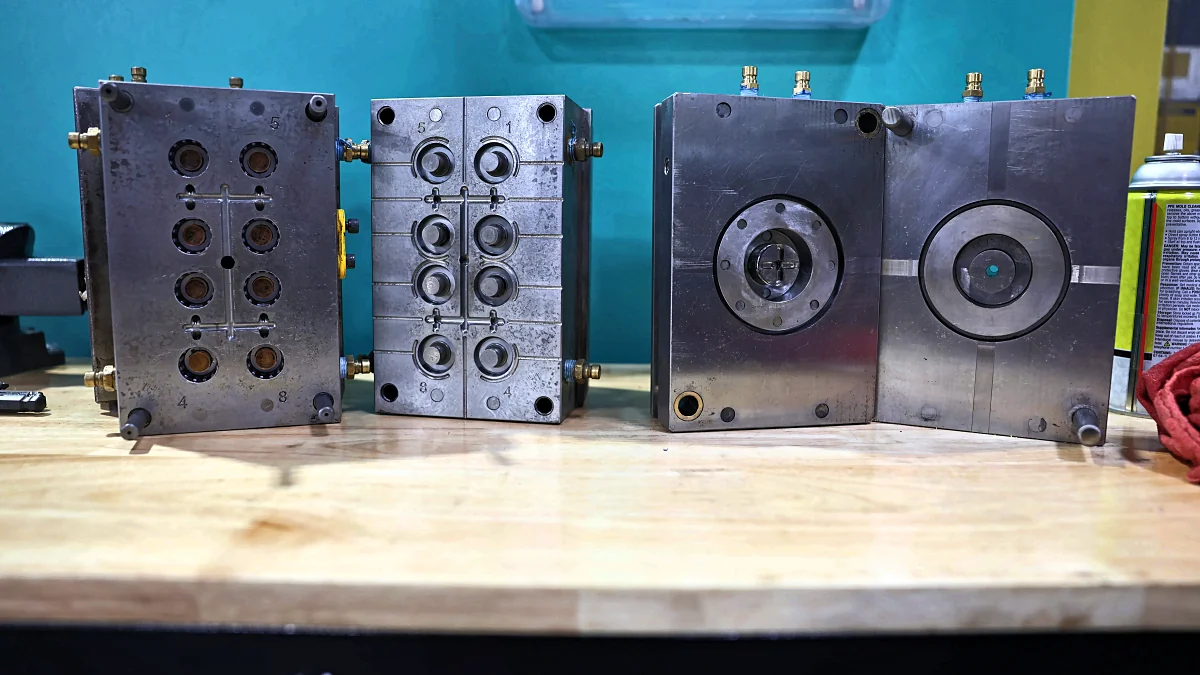 Molds on a workbench at Pioneer Plastics